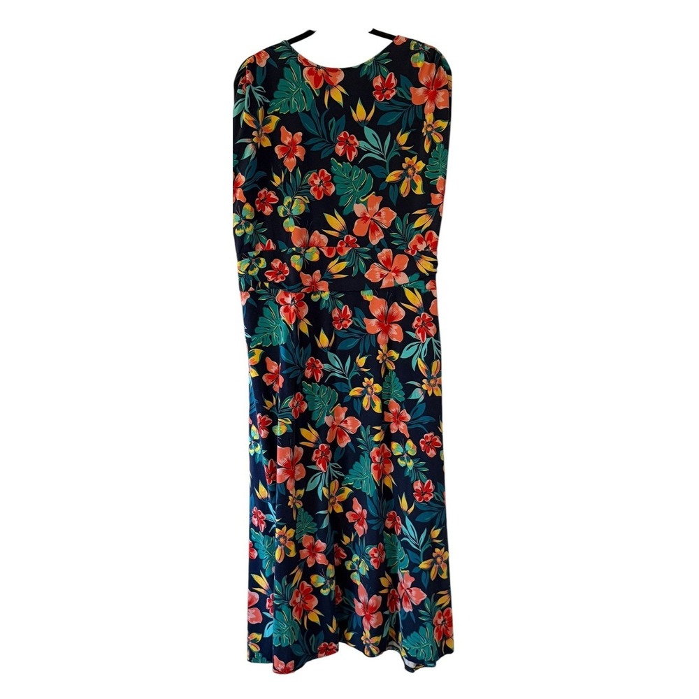 Lands' End Faux Wrap Dress 2X Plus Blue Tropical Floral Cap Sleeve Knit Midi - Picture 4 of 7